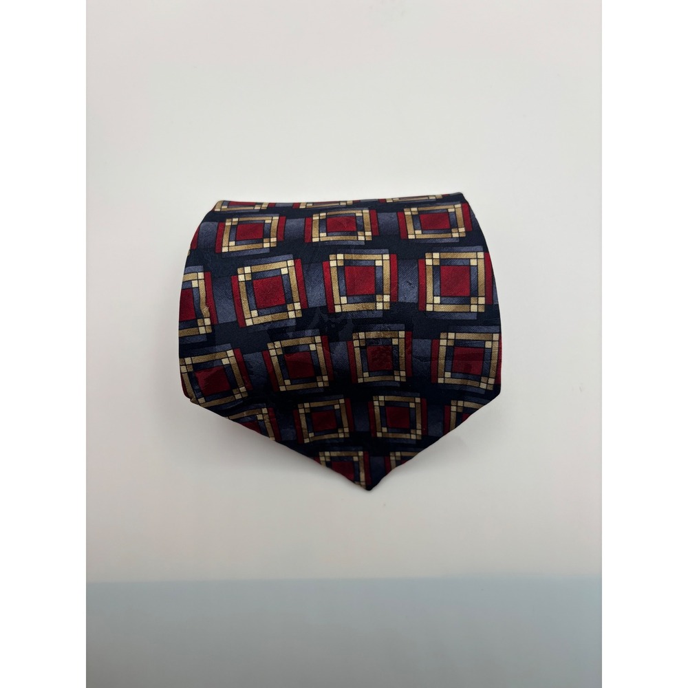 Daniel Hechter Mens Silk Necktie Navy Burgundy Gold Geometric Square Pattern
